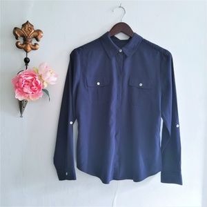 Navy Blue Button Down Shirt With Roll Tab Sleeves